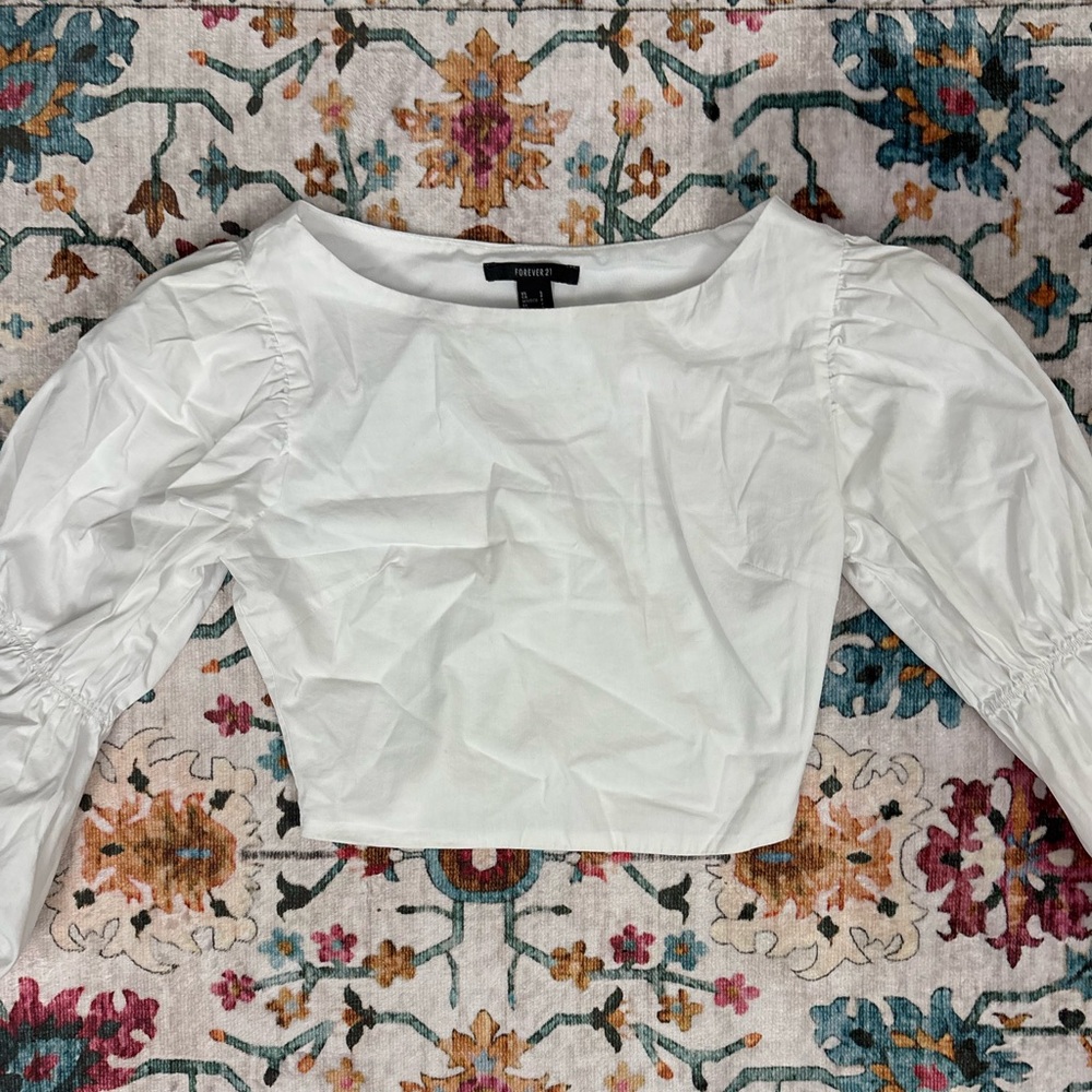 Forever21 White Puffy Balloon Sleeved Cropped Blouse